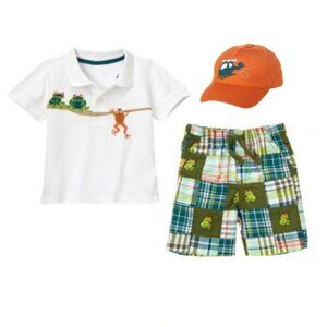 NWT Gymboree Jungle Explorer Frog Polo, Patchwork Shorts & Helicopter Cap